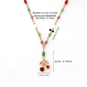 Collana con Ciondolo a Cuore e Ciliegia in Acciaio Inossidabile Placcato Oro 18K con Pietra Naturale per Donna - Regalo per Feste e Matrimoni - Product Image 4