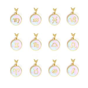 Bijoux de mode, collier avec symbole du zodiaque en acier inoxydable plaqué or 18 carats, pendentif en forme de coquille ronde, collier horoscope pour femmes - Product Image 4
