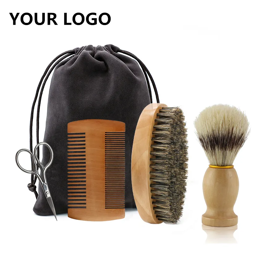 Kit pour barbier, brosse à barbe, poils de sanglier, pour hommes, étiquette privée, Logo, peigne en bois