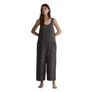 Wholesale Elegant Women Loose Buttons Up Wide Leg Baggy Linen Jumpsuit