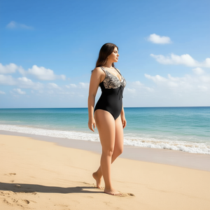 Maillot de bain une pièce grande taille HDJ, effet ventre plat, col en V profond, imprimé floral, noir, taille haute, pour femme BZ77031 - Product Image 5