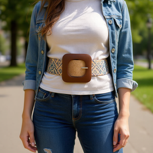 Cinturón de tela con hebilla cuadrada de 3.5 cm de ancho con diseño estampado para mujer, accesorio de moda. - Product Image 2