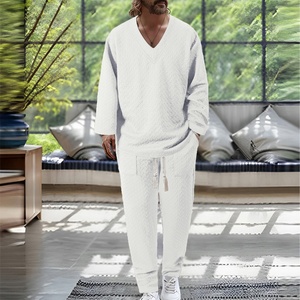 Conjunto Deportivo de Dos Piezas con Cuello en V y Jacquard para <span class=keywords><strong>Hombre</strong></span>, Cómodo, de Color Sólido, Informal, de Manga Larga y Pantalones Largos - Product Image 3