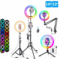 Lampu cincin Mini RGB 10 / 12 inci, harga murah rotasi 360 profesional dengan dudukan Tripod dan dudukan telepon untuk telepon genggam