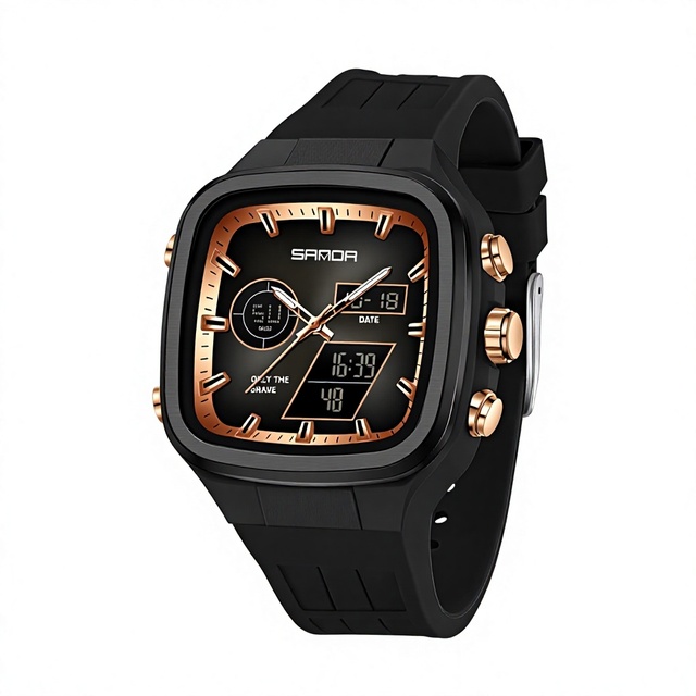 SANDA Sport Square-Face Analog-Digital Watch Silicone Waterproof 5BAR Multi-Function Stylish Dual-Display for Students