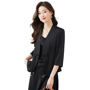 Women's Blazer Three Quarter Sleeve Solid Color Polyester Breathable Spring Summer 2024 New Chinese Style Top White Black - Product Image 5