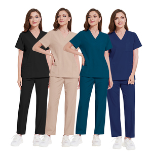 Ensemble de blouses médicales personnalisées deux pièces avec tenue médicale et blouses d'<span class=keywords><strong>infirmière</strong></span> pour infirmières pédiatriques en polyester bleu ciel avec OEM ODM - Product Image 3
