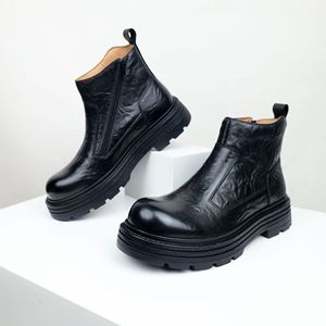 Botas de plataforma con punta redonda de cuero genuino marrón, con cierre de cremallera, suela de goma antideslizante, estilo otoñal, envío directo - Product Image 3