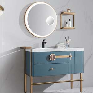 Meuble-lavabo de salle de bain avec pieds en laiton doré flottant bleu mat au design élégant et chic avec miroir LED éclairé - Product Image 1
