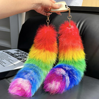 Porte-clés en fourrure de renard véritable de grande taille, fait à la main, mignon, arc-en-ciel, grande queue, design original, pendentif en fourrure de renard, pendentif en peluche pour sac