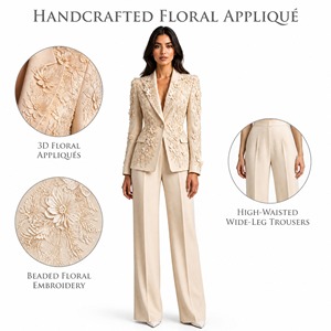 Ensemble tailleur pantalon crème brodé d'appliques florales 3D pour femme, pantalon large taille haute, col en V profond, tenue de bureau formelle, personnalisable OEM/ODM - Product Image 3