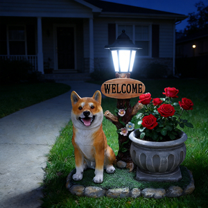<span class=keywords><strong>Estatua</strong></span> de Perro <span class=keywords><strong>Shiba</strong></span> <span class=keywords><strong>Inu</strong></span> Sentado de Resina con Luz Solar, Letrero de Bienvenida, Maceta, Decoración para Jardín, Patio, Entrada - Product Image 1