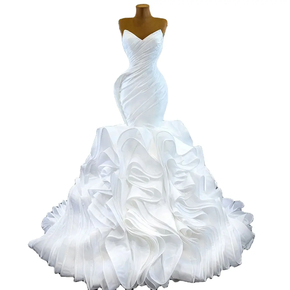 Gaun pernikahan tanpa lengan putri duyung putih, gaun pengantin elegan klasik Satin, gaun pernikahan manik-manik berat
