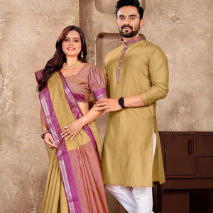 Conjunto de pareja festiva Lino Seda Recto Jeqard Tela Sari Kurt Estilo para ocasiones especiales - Product Image 1