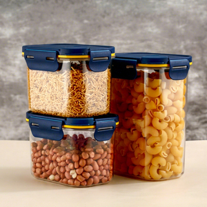 Food Storage Containers Set Buckle Lids Airtight Stackable Heatable <b>Kitchen</b> Use Minimalist Design Rectangle Shape Glass Material - Product Image 1