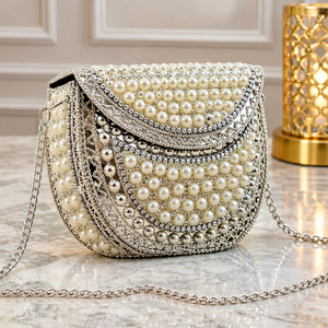 Fashion Foldable Durable <b>Pearl</b> Rhinestone Metal Bridal <b>Clutch</b> Bag Chain Strap Evening Crossbody Purse for Wedding Party - Product Image 1