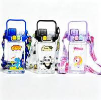 Bouteille d'eau carrée pour enfants de 520 ml, sans BPA, double bec, en plastique, avec paille et sangle, motif dessin animé, portable pour l'école