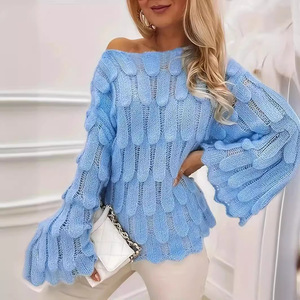 Maglione Coreano Chic Primaverile/Autunnale con <span class=keywords><strong>Piume</strong></span>, Pullover Ampio a Maniche Lunghe, Traforato, in Acrilico/Poliestere, Lunghezza Media - Product Image 3