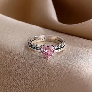 Anello Elegante da Donna in Argento 925 con Fiocco Rosa e Cuore Rosso, Regalo per San Valentino, per Matrimoni e Feste, dalla Cina - Product Image 5