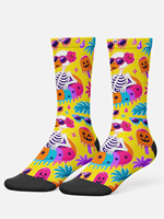 Chaussettes de sublimation d'Halloween en gros, six paires assorties, motif squelette d'automne, pour fête au bord de la piscine, fantaisie, antidérapantes, sportives, prêtes à être expédiées