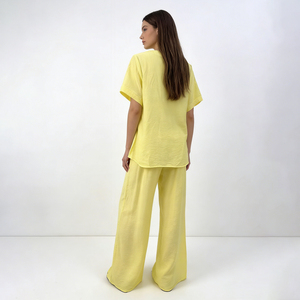 Ensemble 2 pièces pour femmes, été, haut à manches courtes jaune et <span class=keywords><strong>pantalon</strong></span> large, tenue décontractée, tenue de resort - Product Image 4