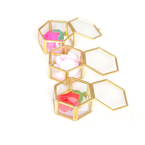 Hexagonal Brass Glass <strong>Proposal</strong> <strong>Ring</strong> Holder Bearer <strong>Box</strong> for Wedding Ceremony Gold Personalized Flower Trinket Jewelry Display Case - Product Image 3