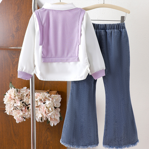 Set da ragazza Hip Hop in due pezzi nuova <span class=keywords><strong>camicia</strong></span> autunno/inverno viola a maniche lunghe e pantaloni in <span class=keywords><strong>Denim</strong></span> con abbigliamento quotidiano in tinta unita - Product Image 6