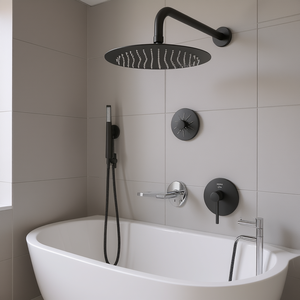 Ensemble de douche mural moderne noir mat 10 pouces avec pommeau pluie, système de pulvérisation à main et kit de garniture en laiton - Product Image 2