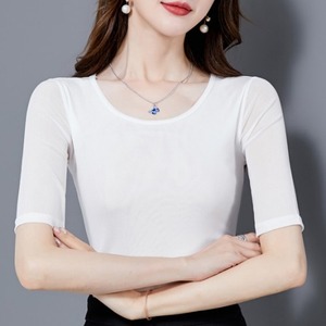 เสื้อแขนยาวปานกลางผ้าตาข่ายสีดำสำหรับผู้หญิง ทรงเข้ารูป สีพื้น ผ้ายืดสแปนเด็กซ์ เสื้อชั้นใน - Product Image 4