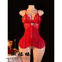 Ensemble de lingerie femme B964 : Babydoll à franges en V profond avec nœud en satin et string, chemise en dentelle transparente rouge à bonnets triangulaires