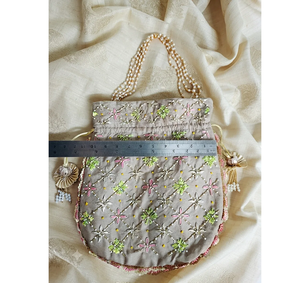 <b>Beige</b> Silk Saddle Shape Potli Bag Handcrafted Metallic Wire Embroidery Wedding Bridal Ethnic Festive Evening Party Classic - Product Image 3