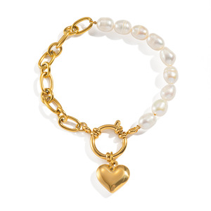 Unisex Fashion Freshwater Pearl Heart Shape Bangle 18K Gold Plated Splicing Chain <b>Love</b> OT Buckle Stainless Steel Jewelry Charm - Product Image 5
