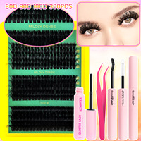 Faux cils style dense européen et américain, ensemble de cils sectionnels transfrontalier, 15 rangées 60D/80D/100D, cils individuels en grappe effet fleur