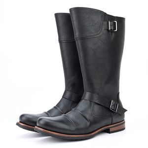 Men's <b>Knee</b>-<b>High</b> Moto Biker Boots Genuine Leather Round Toe Flat Heel Anti-Slippery Rubber Outsole Buckle Decoration - Product Image 3