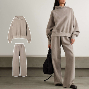 Conjunto Deportivo KingSen para Mujer, Estilo Vintage, Lavado, de Algodón Grueso, Sudadera con Hombros Caídos y Pantalones Anchos, 2 Piezas, Ropa Casual para Estar en Casa - Product Image 1