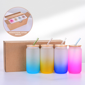 Bán buôn 12oz 16oz rõ ràng Frosted Gradient màu thăng hoa khoảng trống thủy tinh Mason Jar bia có thể cốc thủy tinh với nắp tre và rơm - Product Image 1