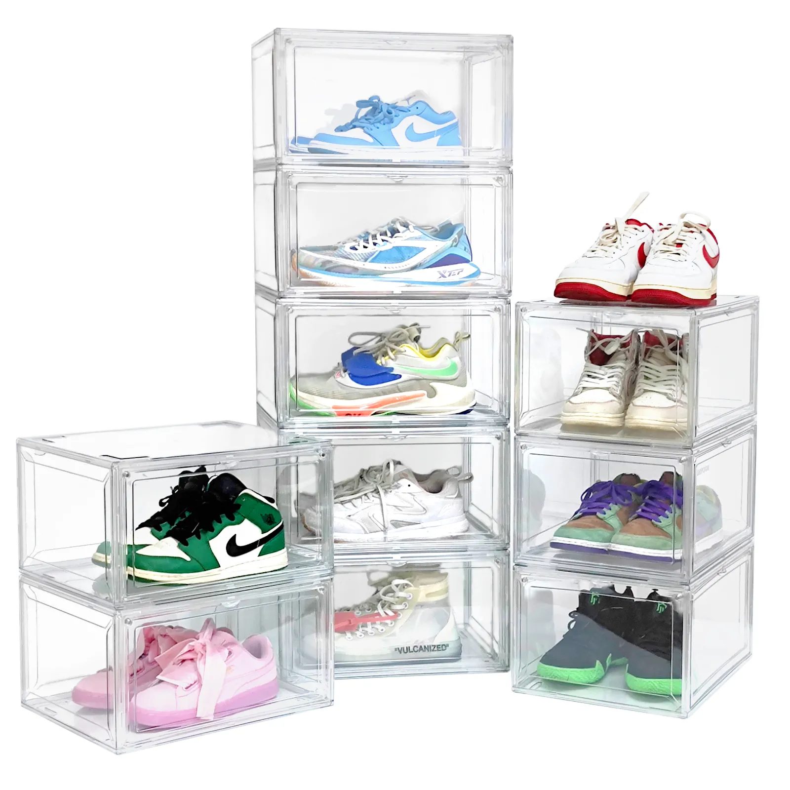 Grosir Sneaker Plastik Transparan Kotak Penyimpanan Sepatu Stackable Jenis Laci Akrilik Drop Depan Kotak Sepatu Bening Magnetik