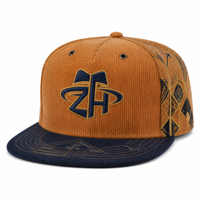 Casquette unisexe en velours côtelé à visière plate, bicolore, broderie personnalisée à la machine, six panneaux, fermeture snapback réglable, vente en gros, approvisionnement en vrac