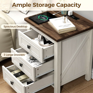 Mesa de Noche con Estación de Carga, Mesa de Noche Rústica de Madera con 3 Cajones, Mesa Auxiliar de <span class=keywords><strong>18</strong></span>'' de Ancho para Dormitorio - Product Image 3