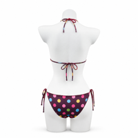 Badpakkenfabrikant op maat gemaakte badkleding van gerecycled materiaal met contrastbies, kleurrijke stippen, dubbel gevoerd, dames bikini sets.