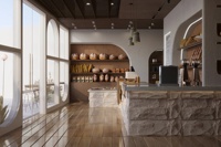 Aménagement intérieur complet de boulangerie-pâtisserie, personnalisation de la pièce, vitrine en verre, comptoir de bar, décoration de café, salon de thé