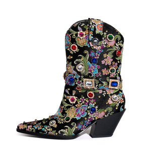 Stivaletti da donna con tacco alto a punta stile 2023 di lusso in oro nuovo strass in stile nazionale - Product Image 5