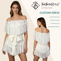 Robe Courte Élégante Blanche en Dentelle à Col Bateau pour Femme, avec Volants et Nœud à la Taille, Idéale pour Fête Prénuptiale, Enterrement de Vie de Jeune Fille, Vente en Gros