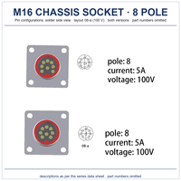 Soket Konektor Penerbangan M16 8 Kutub IP68 Tahan Air Terminal Solder Pemasangan di Chassis 5A 100V 0308 08-1 (layout 08-a) Konektor Bulat