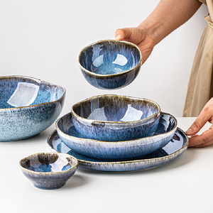 Yunmeng blu forno transfrontaliero ciotole, piatti e piatti in ceramica irregolari smaltati - Product Image 1
