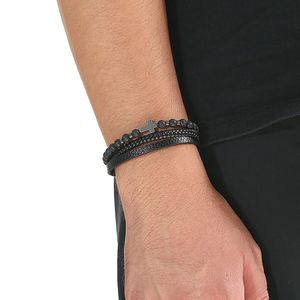 Personalisiertes Mehrschichtiges Schwarzes Leder-Herrenarmband im Boho-Stil mit Edelstahlverschluss und Tigerauge-Perlen für Jubiläen - Product Image 3