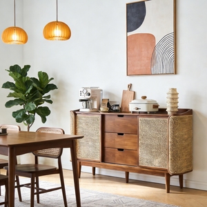 <span class=keywords><strong>Buffet</strong></span> nordique moderne du milieu du siècle en bois de frêne massif et rotin naturel tressé pour salons et salles à manger - Écologique - Product Image 2