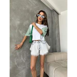 T-shirt ajusté Topshow en popeline rayée émeraude, manches respirantes en coton et élasthanne, taille unique 2XL, style mignon, longueur courte, vente en gros - Product Image 2