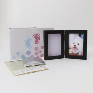 Foldable small pet hand and foot print solid wood photo frame for convenient storage and placement of gift box