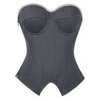 Corset Buste Ouvert Femme Noir Rayé, Costume de Bureau Rayé, Corset Zippé à Lacets avec Baleines, Bustier Sexy sans Bretelles